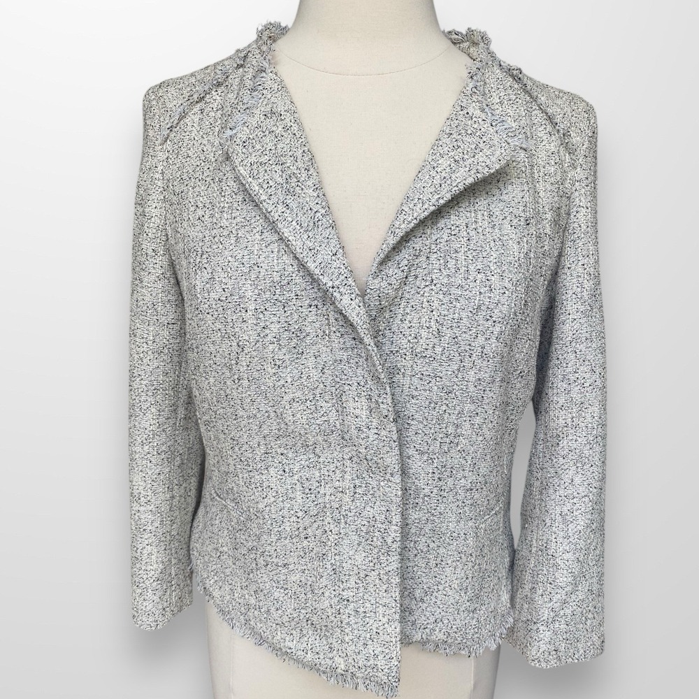 NEW Loft Womens Size 10 P Blazer Jacket Black White Tweed Texture Fringe Career‎
